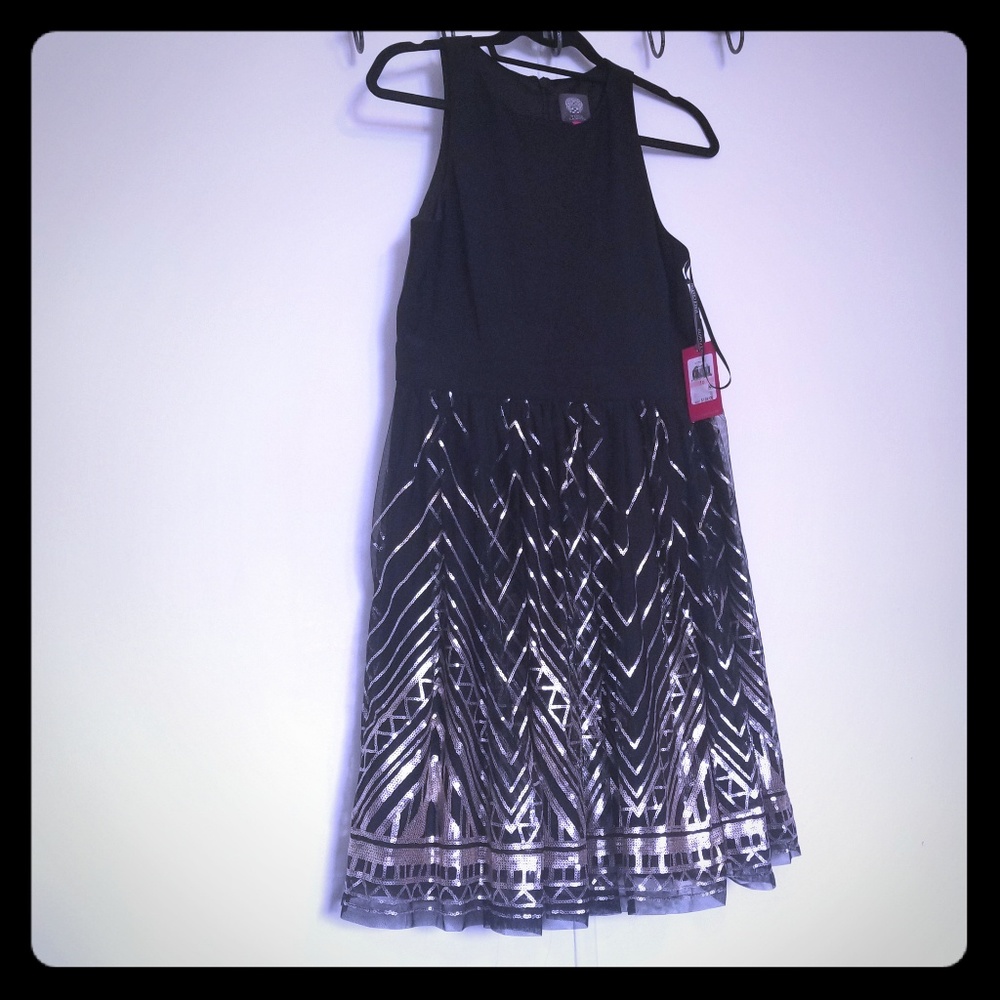 Vince camuto  black flared dress  with gold